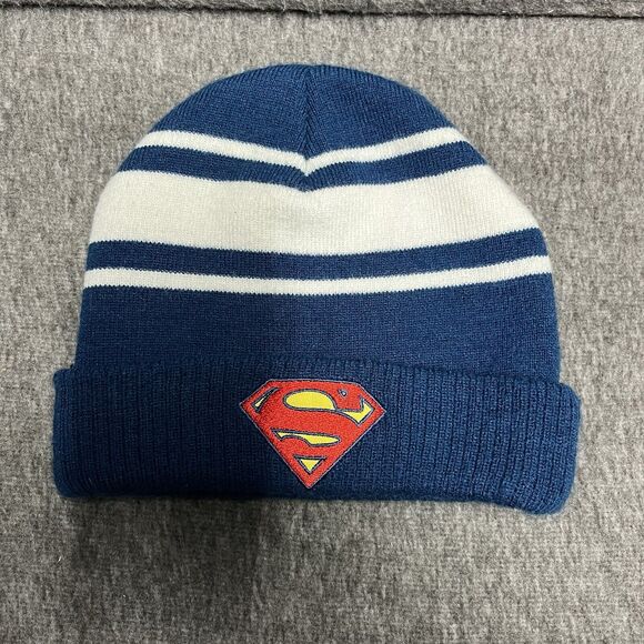 Superman DC Comics Beanie Winter Knit Hat Superhero Adult L Blue White Striped - Picture 1 of 4